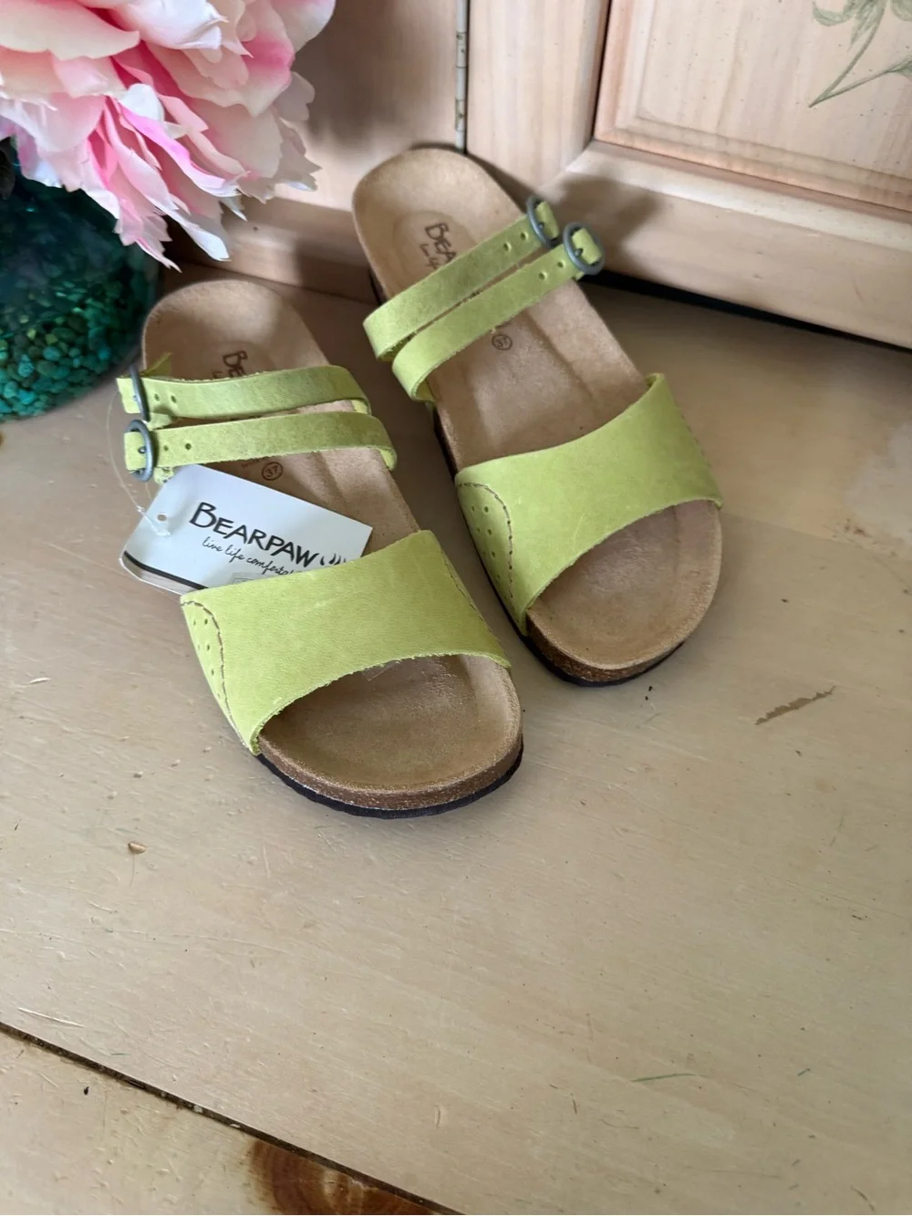 Lime Green Suede Slide Sandals with Buckle Straps (new)